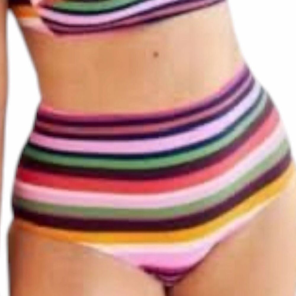 AERIE Women’s Multicolor Striped High-Rise Bikini Swim Bottoms Size Large